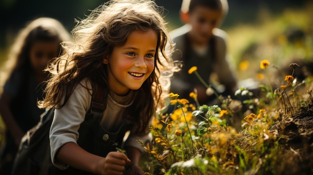 Foto gelukkige kinderen die in de natuur verkennen en leren een leuke en educatieve afbeelding van ontdekking en natuur