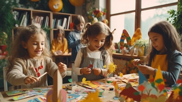 Foto gelukkige kinderen die kunst en ambachten doen in de kleuterschool.