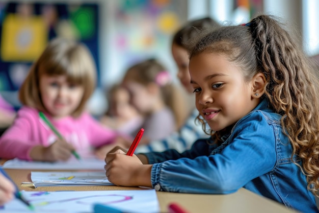 Foto gelukkige kinderen die op school tekenen