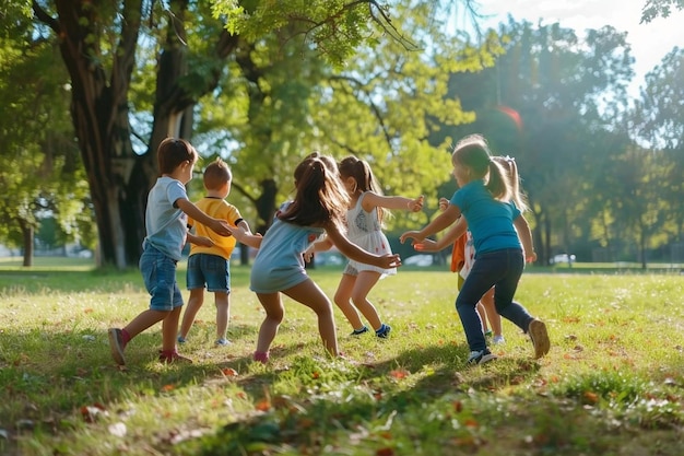 Foto gelukkige kinderen die samen buiten spelen en dansen.