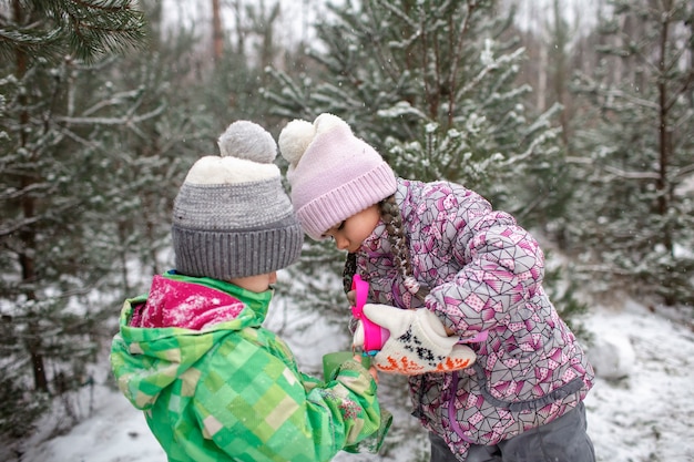 Gelukkige kinderen drinken thee tijdens de winterpicknick in het bos op sneeuwende dag opgewonden familie wandelen