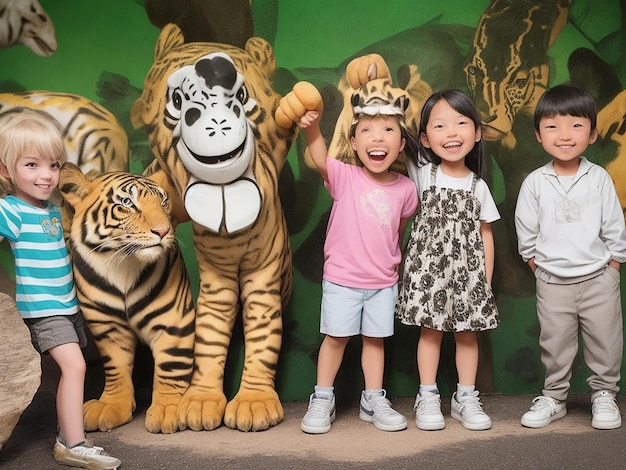 Gelukkige kinderen en wildernis achtergrondbehang in de dierentuin Ai gegenereerd