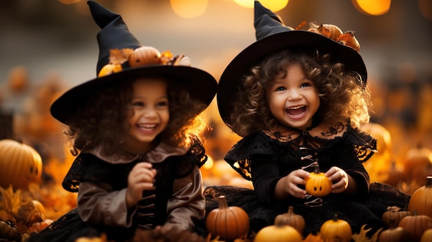 Gelukkige kinderen in Halloween-kostuums spelen met pompoenen in park generatieve AI Schattige kleine meisjes met fum in bos Hallowen herfst oktober en feestconcept