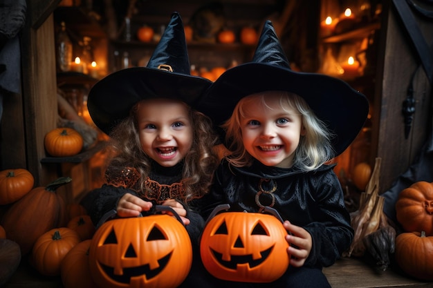 Gelukkige kinderen in Halloween kostuums tussen pompoenen.