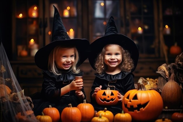 Gelukkige kinderen in Halloween kostuums tussen pompoenen.