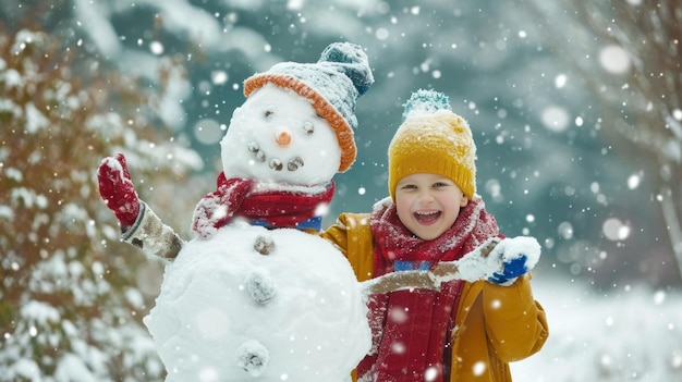 Gelukkige kinderen maken sneeuwpoppen.