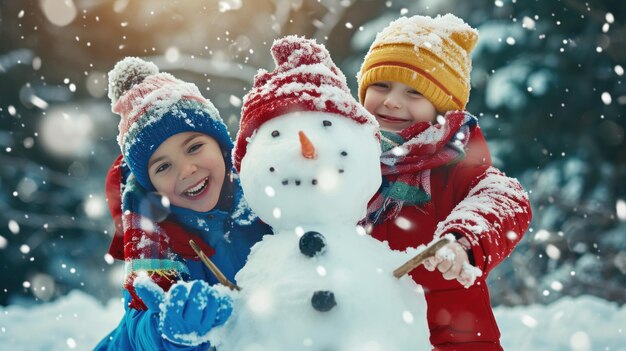 Gelukkige kinderen maken sneeuwpoppen.