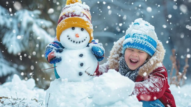 Gelukkige kinderen maken sneeuwpoppen.
