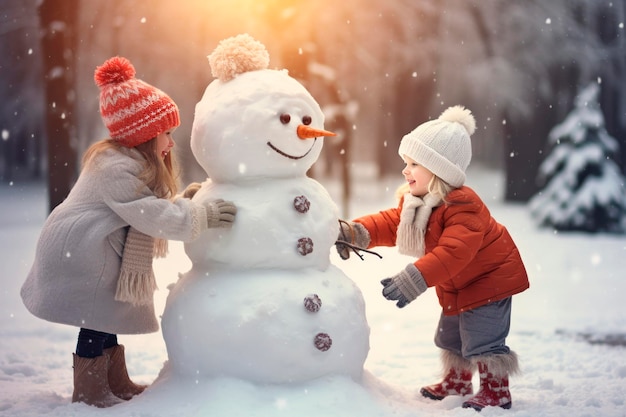 Gelukkige kinderen, meisjes die een sneeuwman maken.