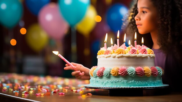 Gelukkige kinderen op een verjaardagsfeestje met een enorme taart die samen met ballonnen vieren