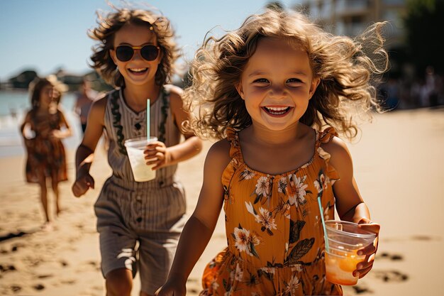 Gelukkige kinderen op het strand die kleurrijke kokoswater generatieve IA drinken