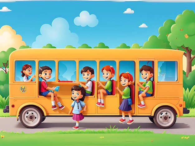 Gelukkige kinderen op schoolbus in het park
