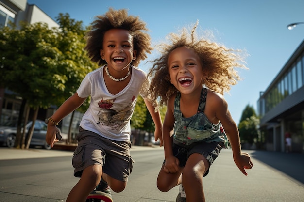 Gelukkige kinderen rennen in de zomer buiten daglicht