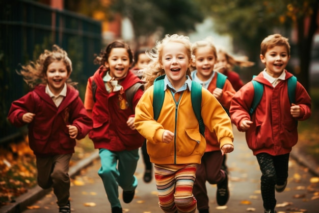 Gelukkige kinderen rennen op school