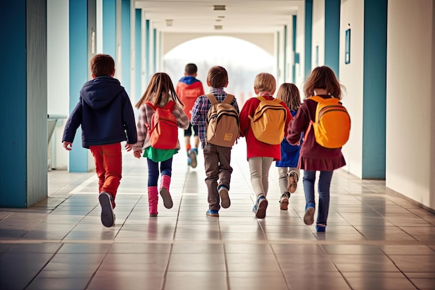 Gelukkige kinderen rennen terug naar school Ai generatief