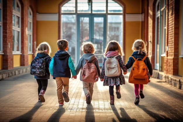 Gelukkige kinderen rennen terug naar school Ai generatief