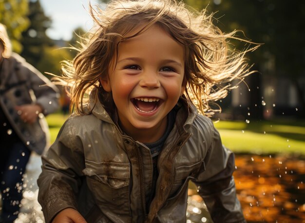 Gelukkige kinderen spelen en rennen in de bronnen van een zonnig park generatieve IA