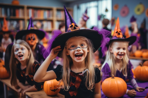 Foto gelukkige kinderen vieren halloween in een klaslokaal