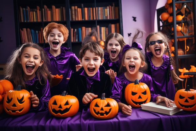 Gelukkige kinderen vieren Halloween in een klaslokaal