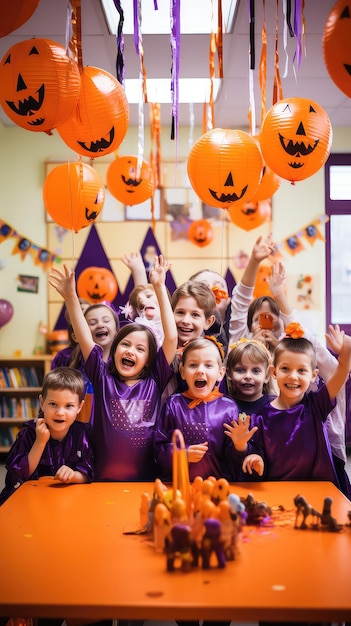 Gelukkige kinderen vieren Halloween in een klaslokaal