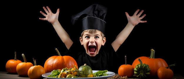 Foto gelukkige kinderviering van halloween-feestkind achtergrondgeluid met kopieerruimte