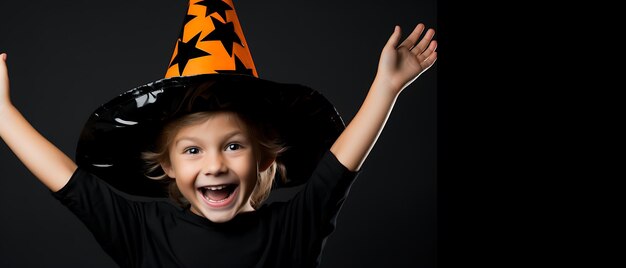 Foto gelukkige kinderviering van halloween-feestkind achtergrondgeluid met kopieerruimte