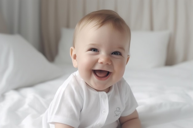 gelukkige kleine baby 59 maanden oud in een bodysuit zit op een bed op een wit beddengoed glimlachend Het concept van kinderproducten generatieve AI