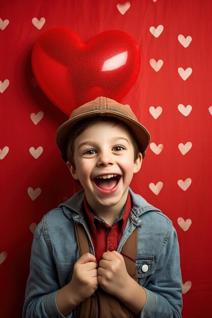 Foto gelukkige kleine jongen met rode harten op valentijnsdag