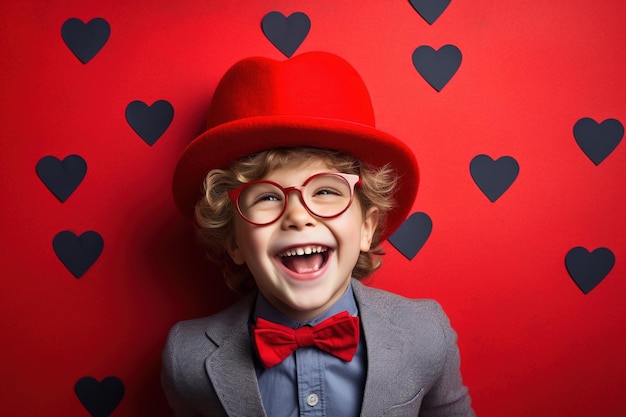 Gelukkige kleine jongen met rode harten op Valentijnsdag