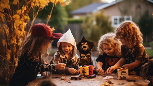 Gelukkige kleine kinderen bereiden zich voor op Halloween door in een open plek in de tuin pompoen ambachten te maken