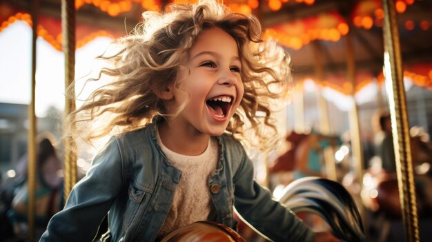 Gelukkige kleine meisje toont opwinding terwijl ze op een kleurrijke draaimolen rijdt