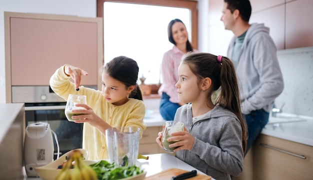 Gelukkige kleine meisjes met ouders binnenshuis, die fruitsmoothiedrank bereiden.