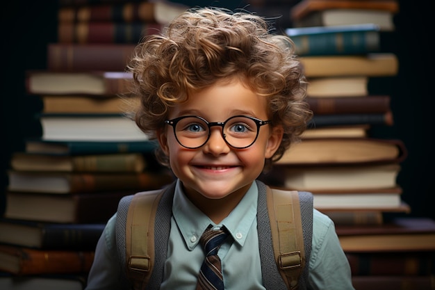 gelukkige kleine schooljongen in uniform terug naar school jongen met boeken en rugzak lachende student
