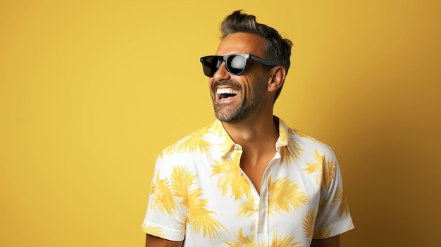 gelukkige knappe jonge man die lacht met een zonnebril en zomershirt op gele achtergrond