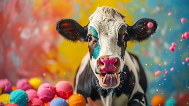 Gelukkige koe met de tong uit die een regenboogsherbet proeft