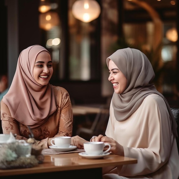 gelukkige koffie en glimlach met moslimvrouwen in het café voor gesprek eten en sociale vrienden ontspannen en