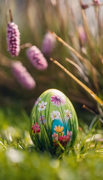 Foto gelukkige konijn met veel paaseieren op het gras feestelijke achtergrond voor decoratief ontwerp