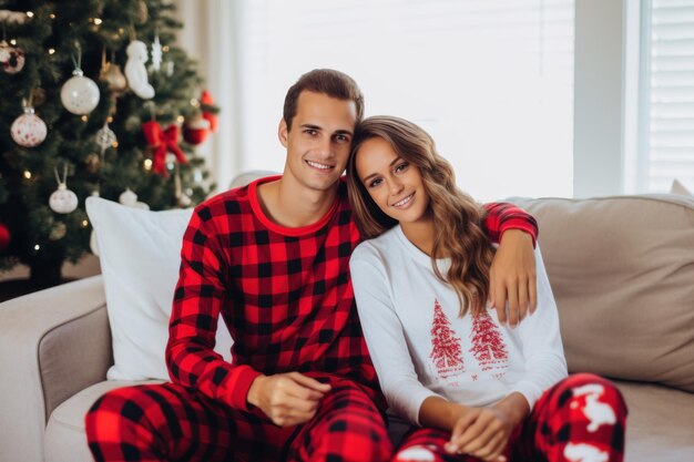 Gelukkige koppel draagt geruite xmas pyjama bodems viering van kerstmis thuis generatieve ai