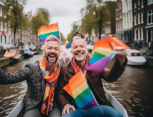 Foto gelukkige koppel op lgbtq pride parade in amsterdam amsterdam pride month