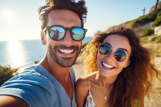 Gelukkige koppels vakantie Selfie Generatieve AI