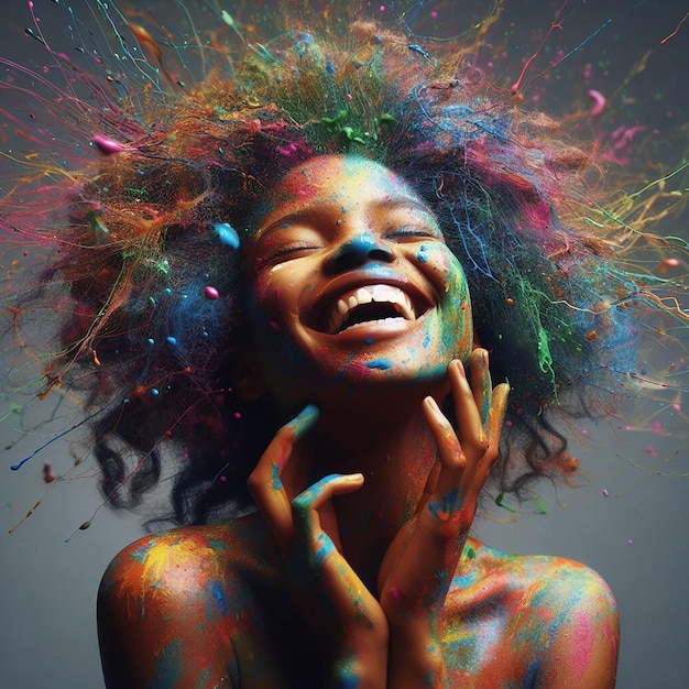Gelukkige lachend meisje gesmeerd in kleurrijke verf gemaakt met generatieve AI-technologie