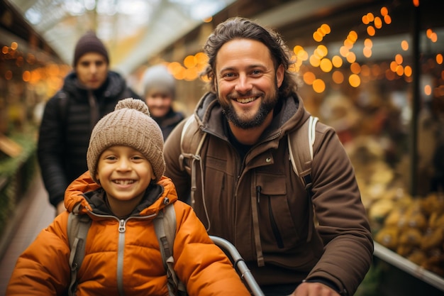 Gelukkige lachende familie samen winkelen op de markt winter- en kerstseizoen generatieve AI