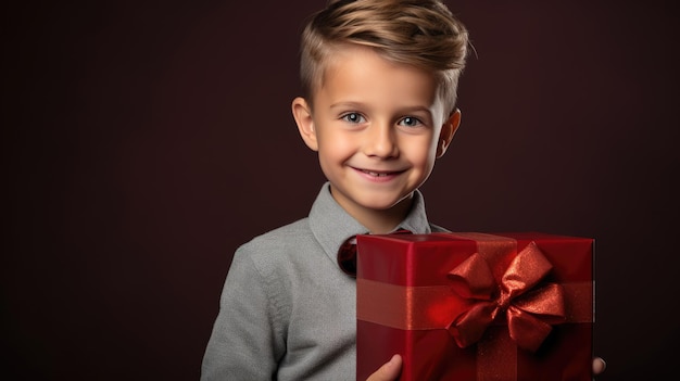Gelukkige lachende jongen met geschenkdoos op een gekleurde achtergrond