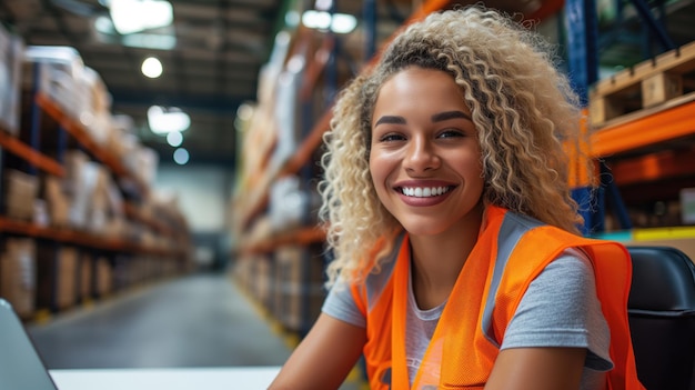 Foto gelukkige lachende latijnse krullende blonde vrouw logistiek centrum opslag distributie concept