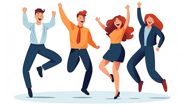Gelukkige lachende mensen springen op het werk winnende feest Flat vector illustratie dagelijkse activiteiten werken AI gegenereerd