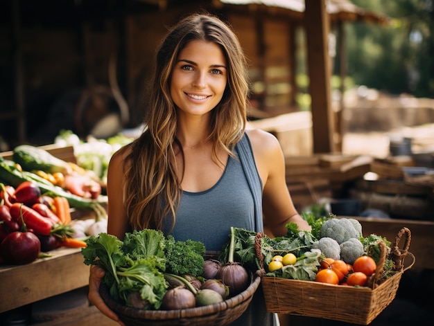 Gelukkige landbouwers jonge vrouw die een mand van vers geplukte groenten houdt en Generatieve ai glimlacht