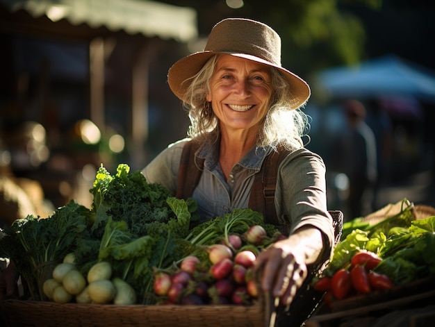 Gelukkige landbouwersvrouw die een mand van vers geplukte groenten houdt en Generatieve ai glimlacht