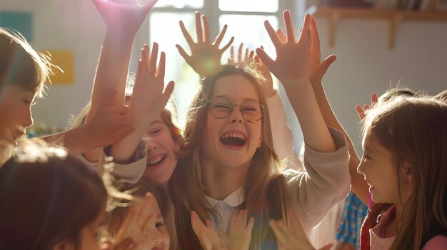 Foto gelukkige leraar met de armen wijd uitgestrekt om vrolijke kinderen te knuffelen die de handen opheffen positieve generatieve ai