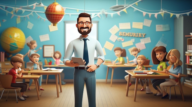 Gelukkige lerarendag spandoek of posterfoto met 3D-leraarkarakter in de klas