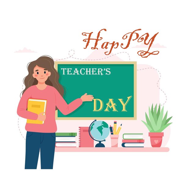 Gelukkige lerarendag Vrouwelijke leraar in de klas met schoolbord